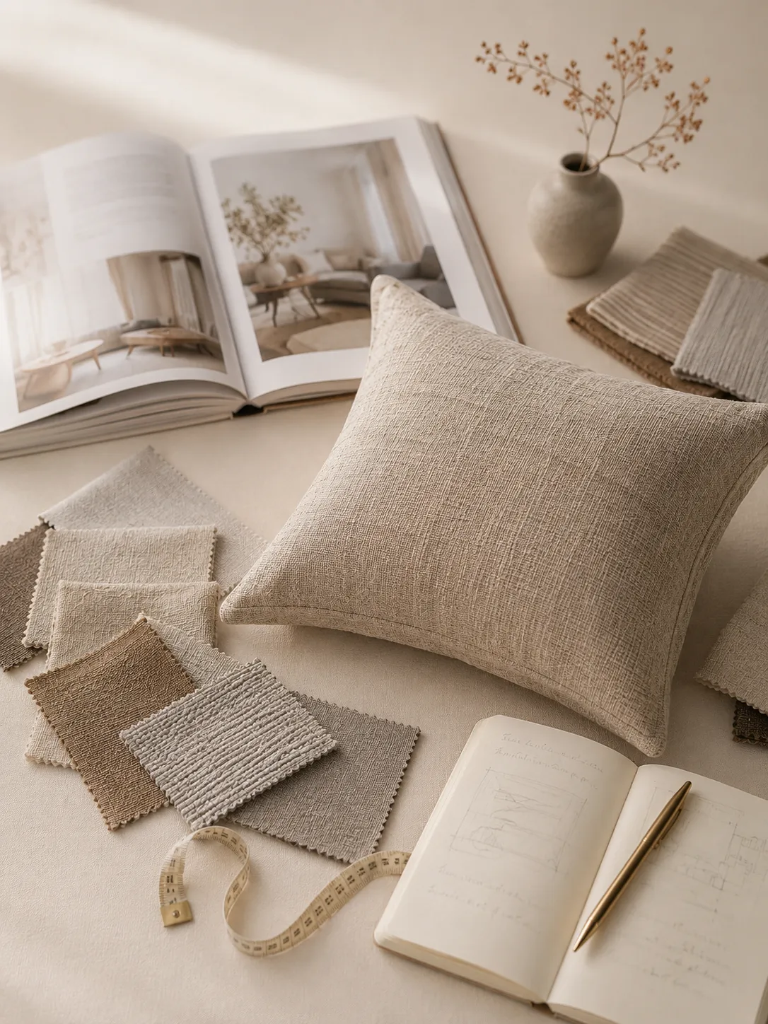 DomiCraft Lookbook, neutral pillow, material samples, and project notebook