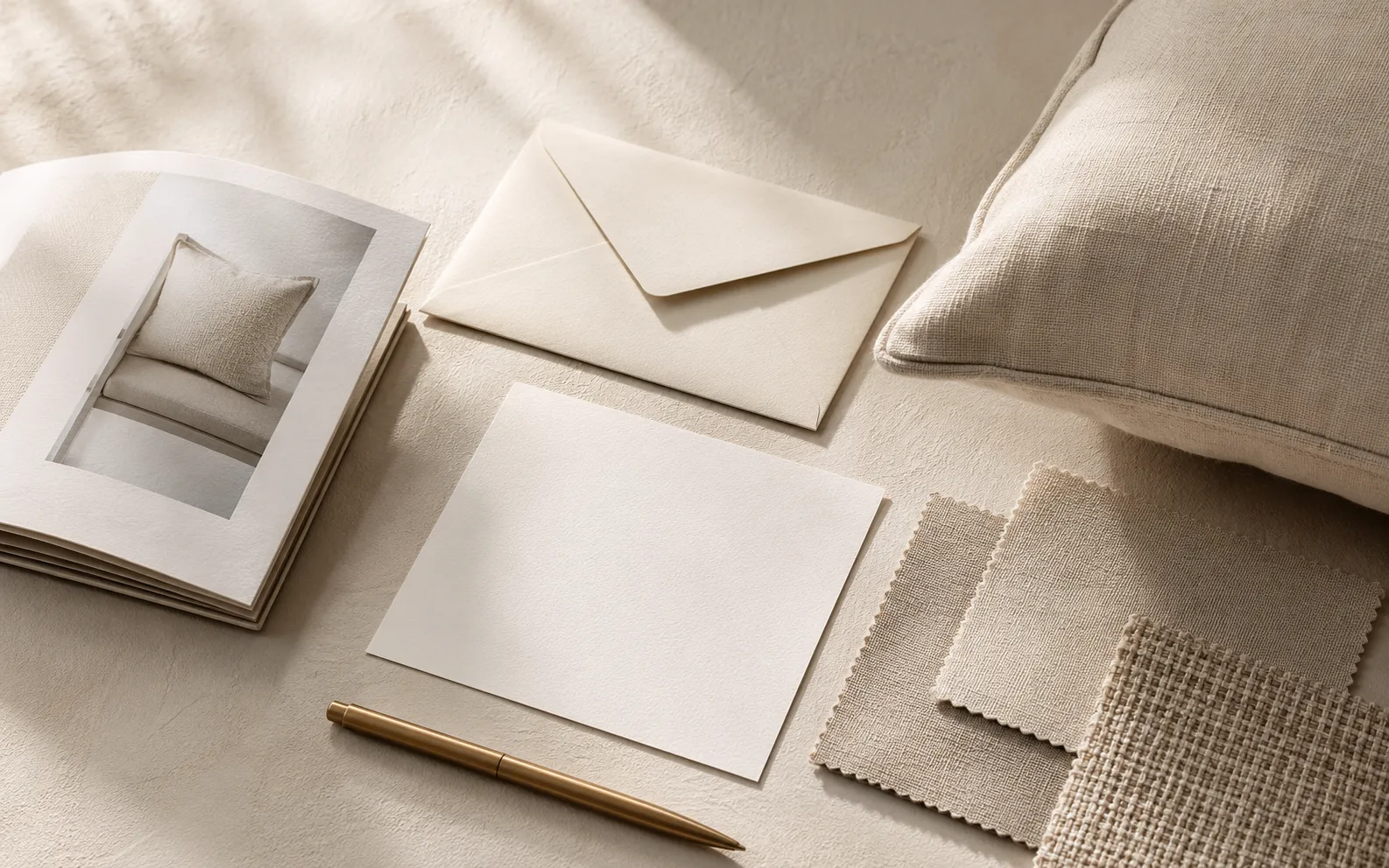DomiCraft contact stationery, envelope, notebook, pen, and neutral fabric samples