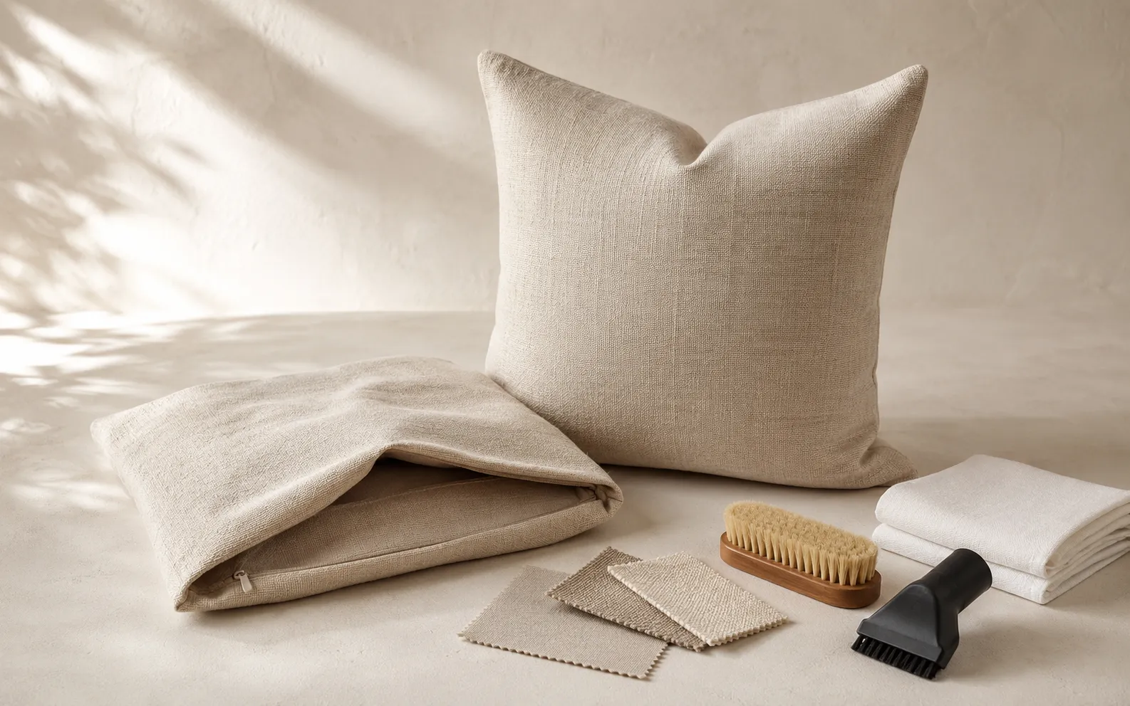 Decorative pillow cover with soft brush, care cloth, vacuum attachment, and neutral fabric samples