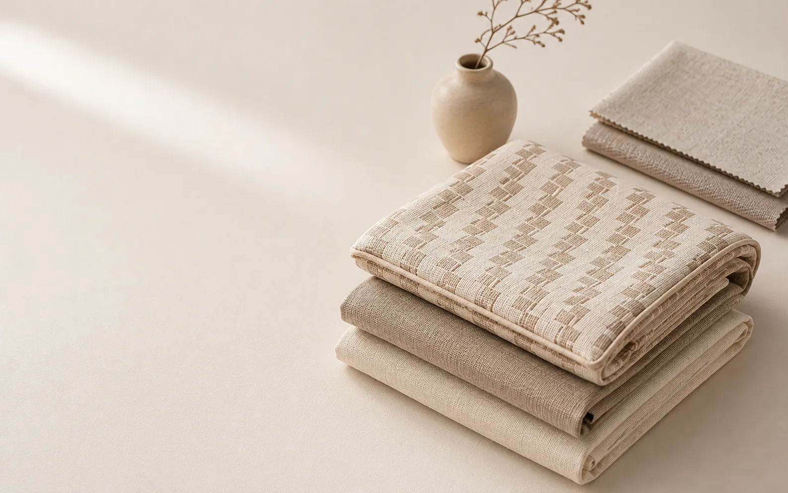 Folded neutral fabrics representing DomiCraft return and refund policy