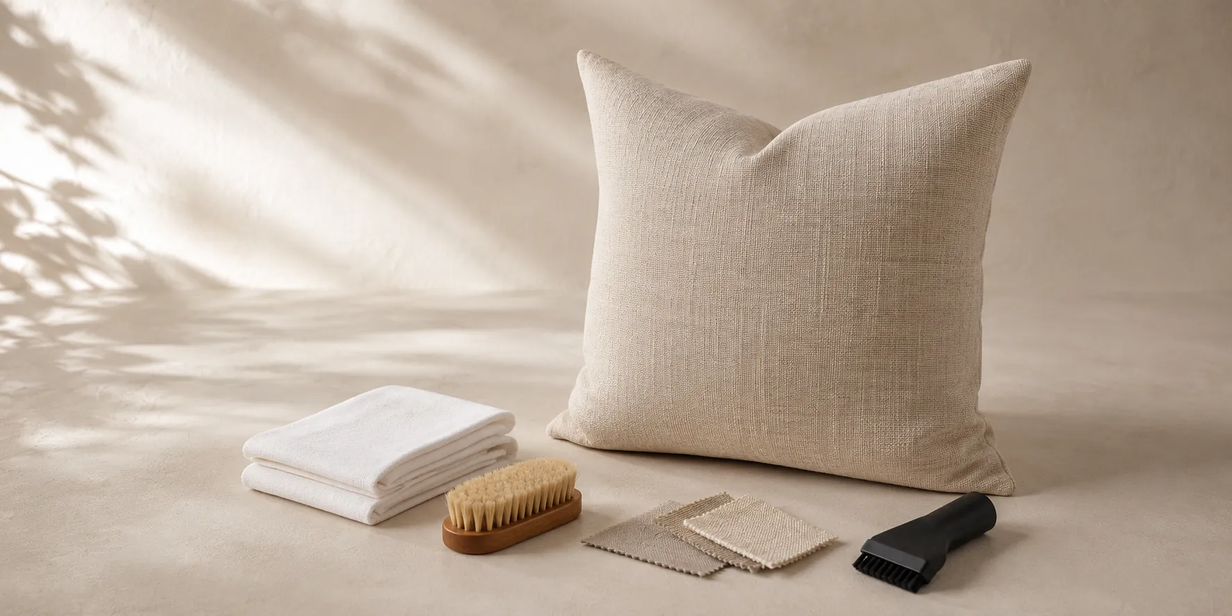 Decorative pillow cover with soft brush, white care cloth, vacuum attachment, and folded textiles